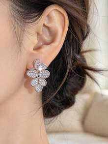 1pair Elegant Leaf Shape Shiny Stud Earrings Cubic Zirconia Women Earring For Girl Birthday Anniversary Daily Decoration Copper Gift Jewelry - Leaf - View 2