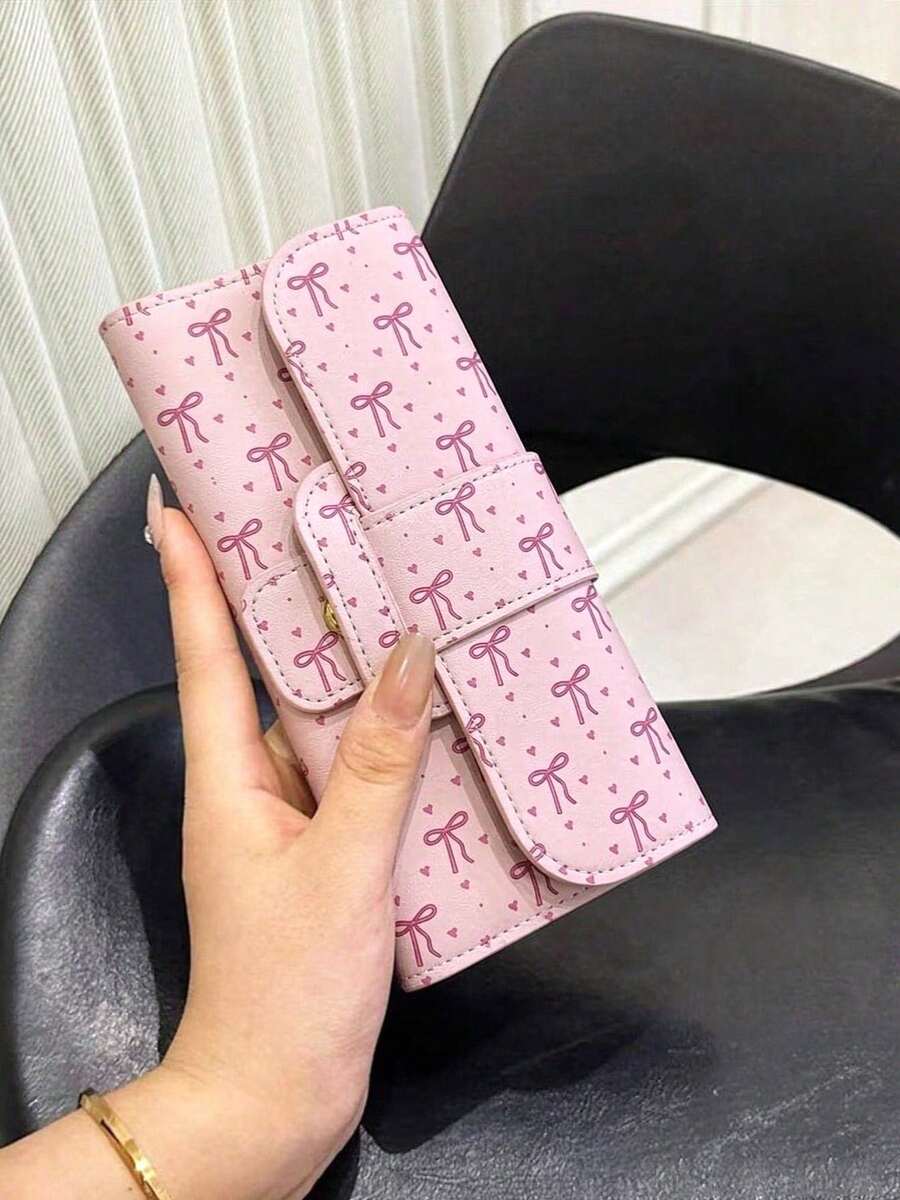 女款時尚手拿包 PU 皮革蝴蝶結印花卡夾 極簡防盜三折翻蓋信用卡夾 大容量多卡槽長夾 - 粉色 - 查看 1