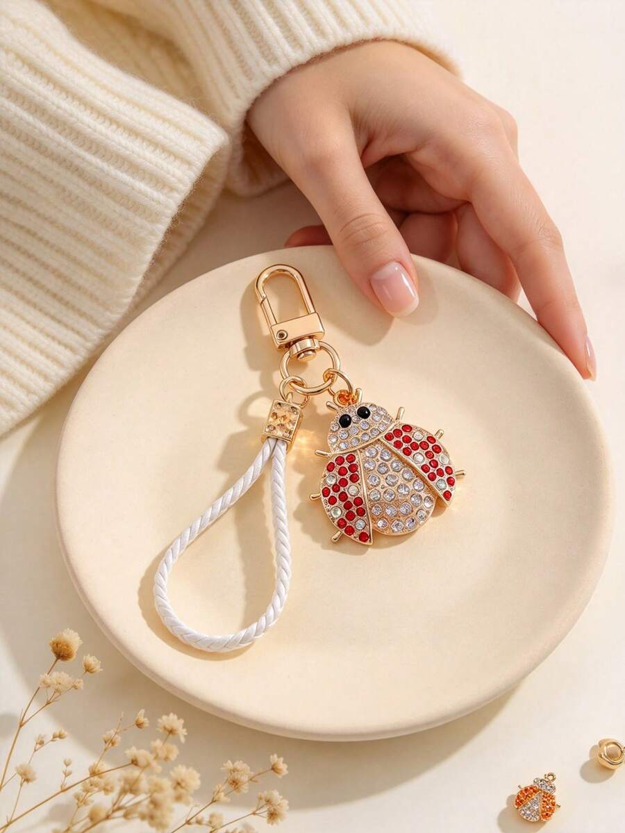 1pc Fashionable Korean Style Exquisite Gorgeous Cute Insect Beetle Keychain Bag Pendant, Suitable For Women's Car Keys Bag Decoration And Gift Giving - Gold - View 1