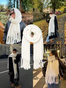 1PC Women's Autumn/Winter Solid Color Versatile College Style Elegant Thick Fringe Warm Scarf, Suitable For Cold Weather And Shopping Outfits - White - View 5