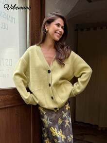 VIBEWAVE Soft Pale Yellow V-Neck Single-Breasted Loose Drop Shoulder Knit Cardigan For Women With Pockets, Soft Casual Solid Color Sweater Jacket, Spring/Autumn Relaxed Old Money Style Daily Commute Shopping Outerwear - Green - View 2