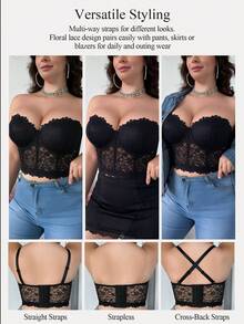 mimilemon Plus Size Floral Lace Bra, Underwire Push-Up Support, Detachable Straps, Comfortable Breathable Women's Lingerie - Black - View 4
