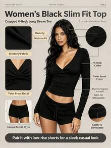Women's Solid Color Short Long Sleeve Top & Leggings 2 Pieces Set - Black - View 11