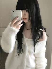 Soft Fluffy V-Neck Cardigan Sweater, Loose Fit Slimming Knit Open Front Jacket - White - View 6