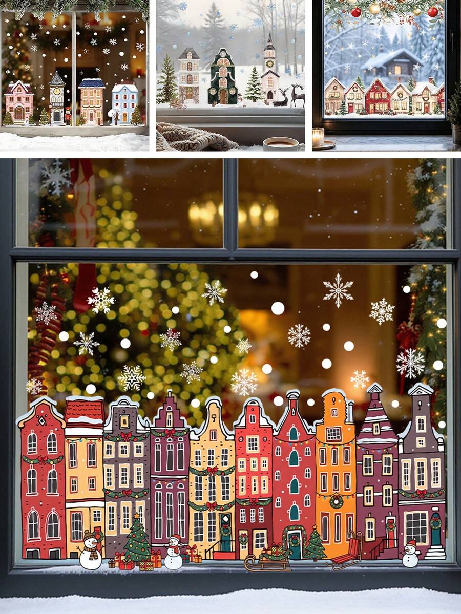 1/3/4 Sheets Cute Christmas Village Snow House Static Window Clings, Snowman Tree Window Decals For Glass, Winter Party Kids' Room Decor - Multicolor - View 1