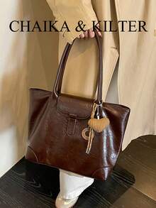1 buah Tas Tote Bahu Minimalis Persegi dari Kain PU, Cocok untuk Bepergian, Berbelanja, dll. (Dengan Liontin) - Kopi - View 12