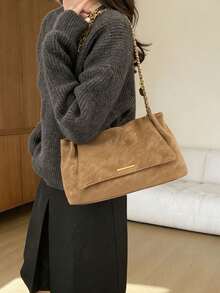 Shoulder Bag, Soft Bag Shape, Suede Texture Fabric, Paired With Leather Chain Strap, Decorated With Long Metal Plate On The Flap. Moderate Bag Space, Can Be Carried On Shoulder, Strong Vintage Atmosphere, Warm Texture, Suitable For Daily Outings - Brown - View 3