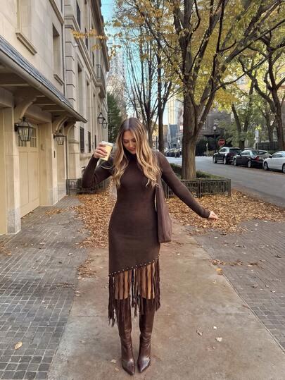 HoloChill Women's Young Influencer Casual Vintage Solid Brown Ribbed Knit Long Sleeve Tassel Hem Fitted Dress, High Elasticity Slim Fit Knit Dress Versatile Dress Fall Winter Casual 2026 New, Women's Autumn/Winter Dress Women's Party Dress Women's Autumn/Winter Outfit, Women's Casual Outing Dress, Fall/Winter Luxury Women's Long Dress Christmas