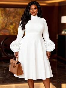 Plus Size Women Elegant Midi Dress Mock Neck Long Sleeves With 3D Flroal A Line Dresses For Wedding Guest Evening Party Formal Occasion Fall White - White - View 2