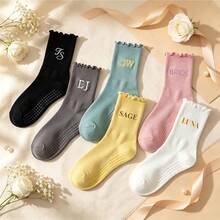Custom Bridesmaid Ruffle Socks, Personalized Initial Non Slip Crew Socks, Ideal For Wedding Prep, Bachelorette Party & Yoga. One Size, Not For XS/XL. - Ruffle-edge Socks - View 8