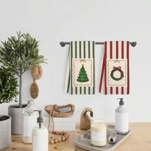 2Pcs Christmas Kitchen Towels, Striped Border Christmas Tree & Wreath Print, Xmas Kitchen Decor, Winter Holiday Table Ornament, Farmhouse Christmas Home Decoration Gift - Green - View 3