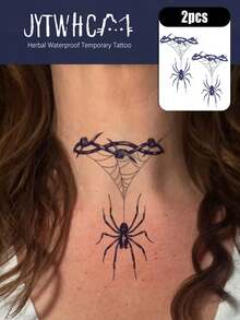 2Pcs Herbal Waterproof Temporary Transfer Tattoo,Dark Halloween Gothic Style, Spider & Cobweb Pattern, Delicate Line Details, Long Lasting Fake Tattoo Stickers, Body Art Decals For Women, Suitable For Neck, Back, Arm, Party & Daily Decoration - Dark Grey - View 1