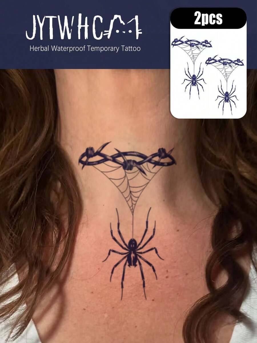 2Pcs Herbal Waterproof Temporary Transfer Tattoo,Dark Halloween Gothic Style, Spider & Cobweb Pattern, Delicate Line Details, Long Lasting Fake Tattoo Stickers, Body Art Decals For Women, Suitable For Neck, Back, Arm, Party & Daily Decoration - Dark Grey - View 1