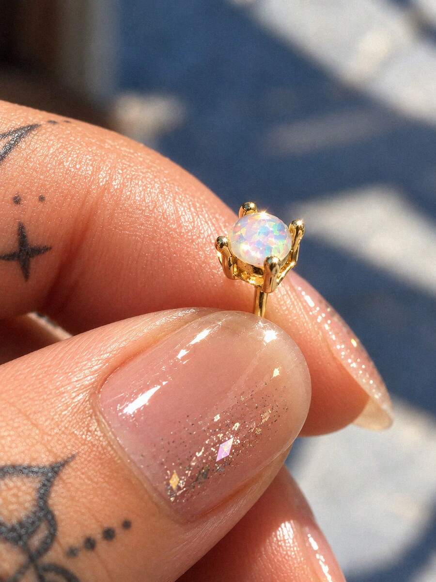 rakol 1/2pcs Golden Synthetic Opal Stud Earrings For Women Round Iridescent Stone Minimalist Everyday Jewelry Gift - Multicolor - View 1