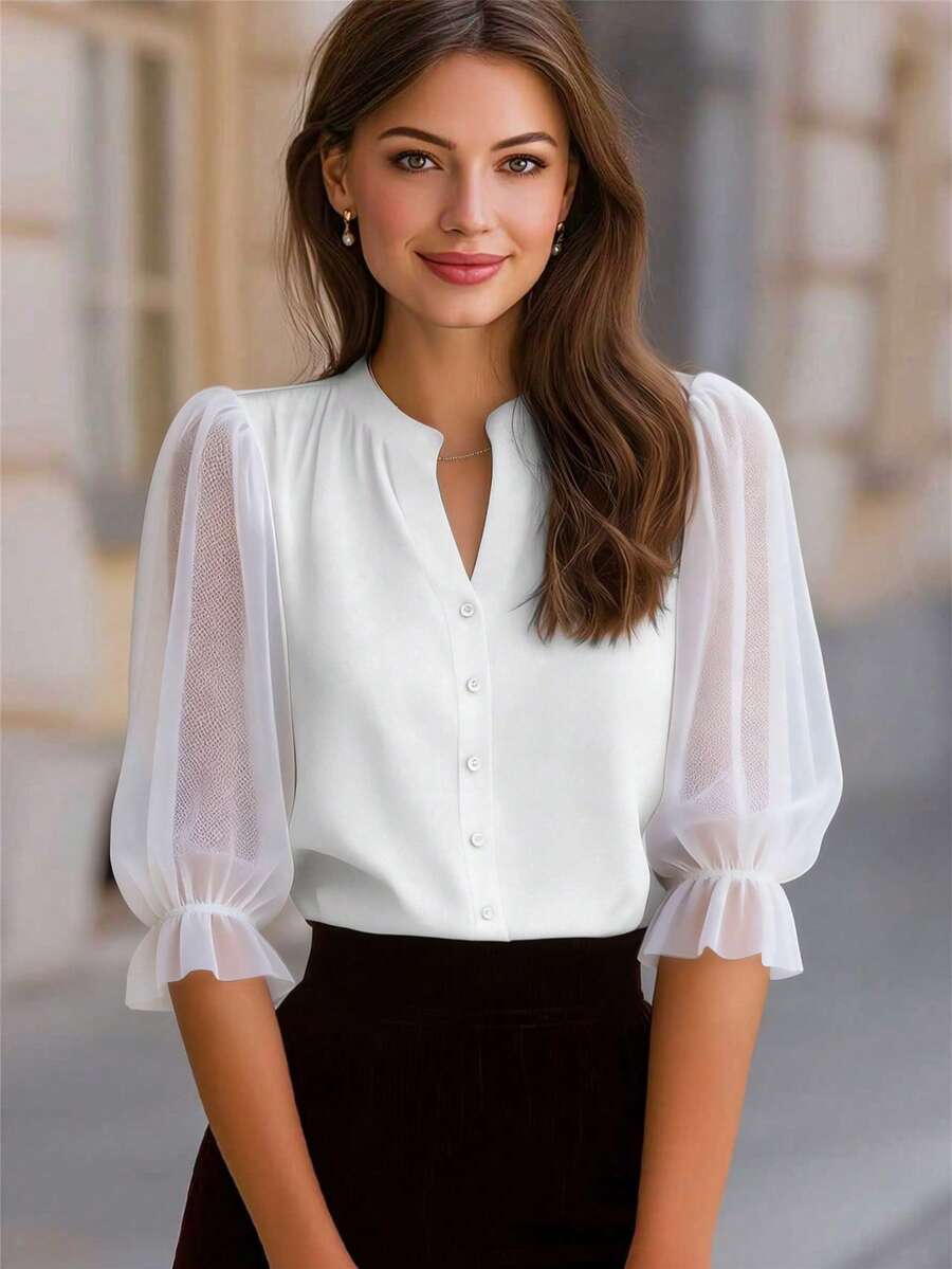 优雅女士圆领七分袖薄纱花瓣袖纽扣衬衫,白色,春夏款,适合办公室穿着 - 白色 - 查看 1