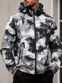 1pc Black And White Ink Wash All-Over Print Hooded Jacket For Men, Long Sleeve Jacket With Tie-Dye Camouflage Print Design, Outdoor Sports Style, Suitable For Hiking, Camping, Short Trips, Park Strolls, Commuting - Black - View 1