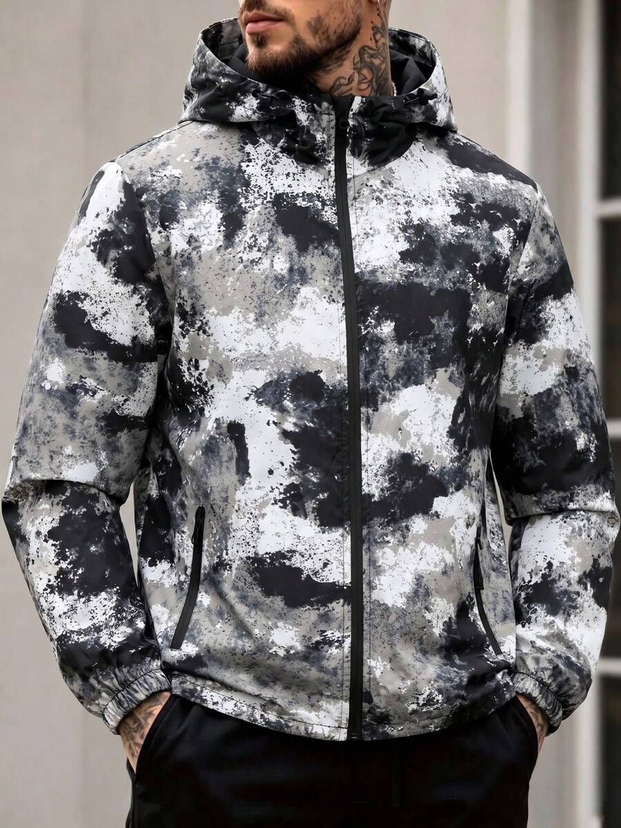 1pc Black And White Ink Wash All-Over Print Hooded Jacket For Men, Long Sleeve Jacket With Tie-Dye Camouflage Print Design, Outdoor Sports Style, Suitable For Hiking, Camping, Short Trips, Park Strolls, Commuting - Black - View 1