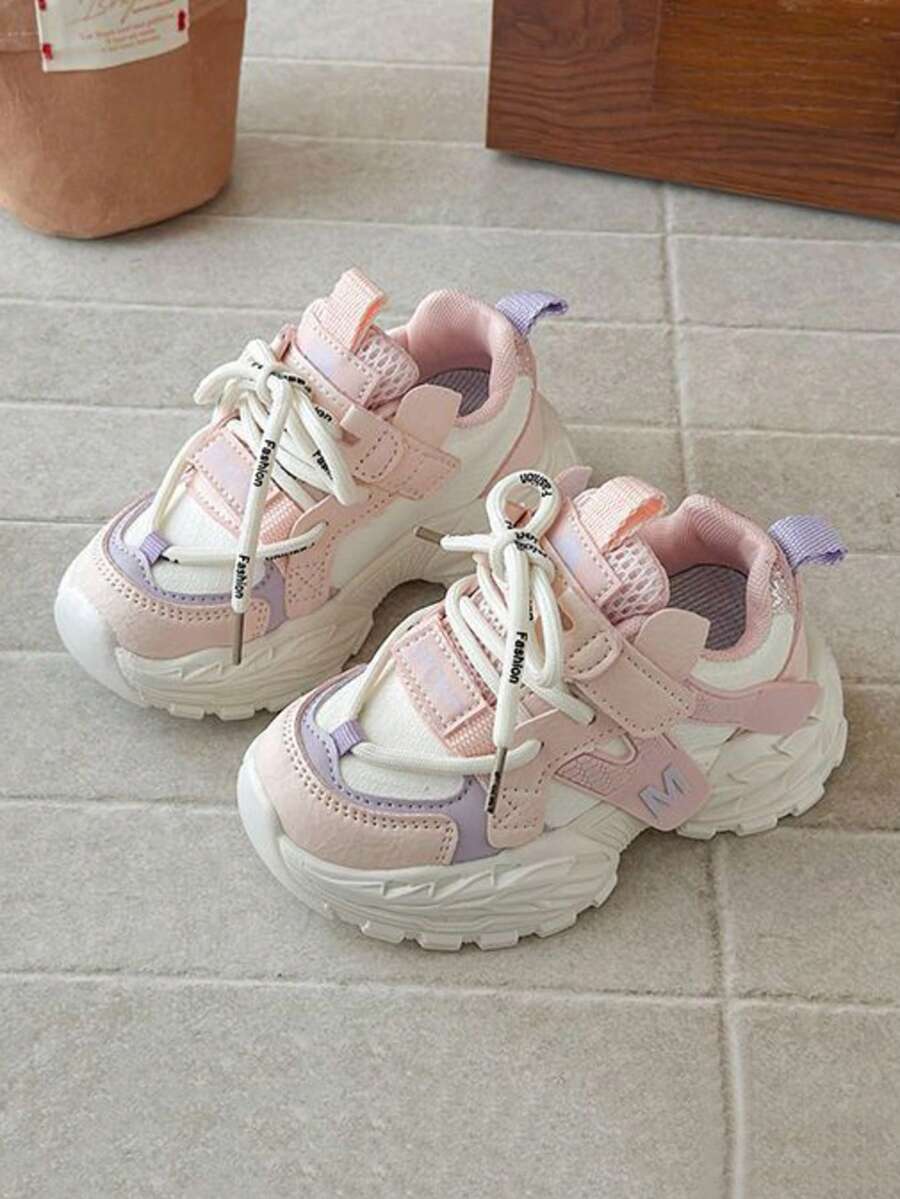 1 Pair 2026 Autumn/Winter New Leather Unisex Kids Chunky Sneakers, Lightweight Versatile Casual Sports Sneakers - Pink - View 1