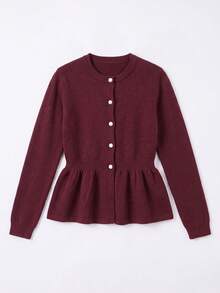Just Masa Women's Fall Casual Button Up Ruffle Hem Sweater,Solid Color Long Sleeve Round Neck Rib-Knit Top,For Daily Wear,Going Out,Date,Christmas - Dark Red - View 3