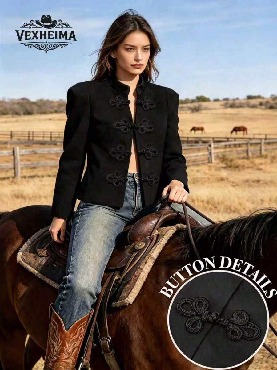 Elegant And Stylish Black Versatile Round-Neck Long-Sleeve Cardigan With Retro-Inspired Button Closure For Women-Perfect For Fall Outfits