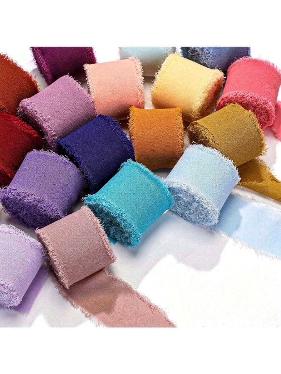 Frayed Edge Chiffon Ribbon Rolls, Hand‑Torn Fringe Silk‑Like Fabric Ribbon, Multi‑Color Matte Ribbon For Wedding Bouquet Gift Wrapping Party Bow DIY Craft Decoration