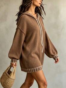 Plus Size Casual Fashion Versatile Drawstring Hooded Long Sleeve Knit Pullover Sweater - Brown - View 3