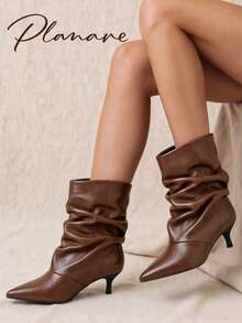 planare New Women's Fashionable Personalized Ruched Mid-Calf Brown Boots, Slip-On Pointed Toe Kitten Heel Street Casual Slouchy Boots, Slimming - Brown - View 3