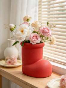 1pc Boot-Shaped Vase, White And Red Matte Flower Pot, Cute Creative Planting Pot, Suitable For Roses And Daisies, Modern Home Decor, Creative Flower Pot, White And Red Decoration, Cute Home Accent, Unique Gift - Multicolor - View 5