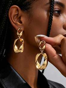 1 Pair European & American Geometric Hollow Asymmetrical Women's Dangle Earrings - Yellow Gold - View 1