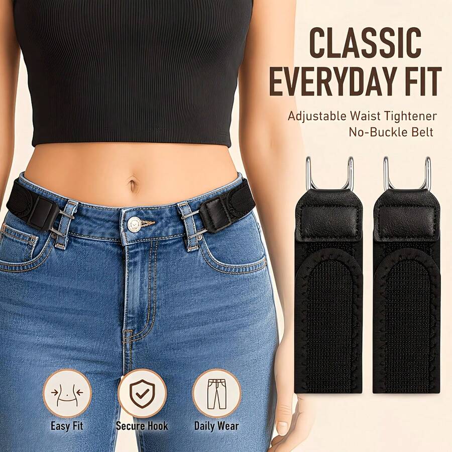 Reusable Waist Belt, Loose Waistband Buckle, Seamless Tool-Free Denim Buckle, Portable Adjustable Hook-And-Loop Belt (With Metal Hook), Unisex Elastic Loose-Fit Style Belt, Suitable For Daily Commute - Multicolor - View 1