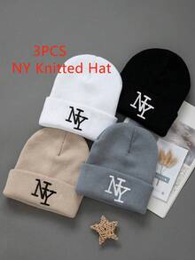 1pc Unisex Y2K Style Embroidered NY Knit Beanie Hat, Brimless Knit Cap For Autumn/Winter Outdoor, Casual Versatile Winter Cold Weather Hat For Daily Commute - Embroidery - View 1