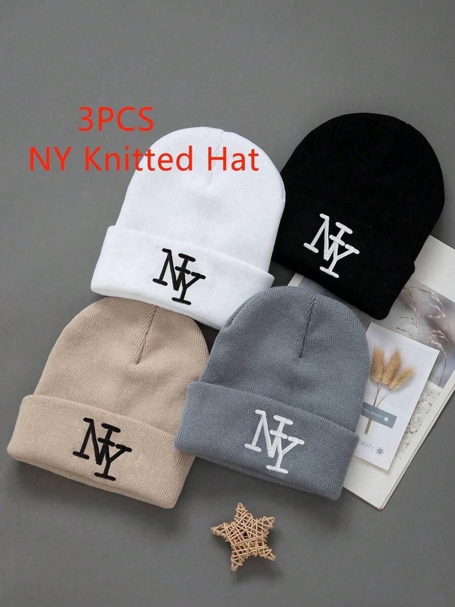 1pc Unisex Y2K Style Embroidered NY Knit Beanie Hat, Brimless Knit Cap For Autumn/Winter Outdoor, Casual Versatile Winter Cold Weather Hat For Daily Commute - Embroidery - View 1