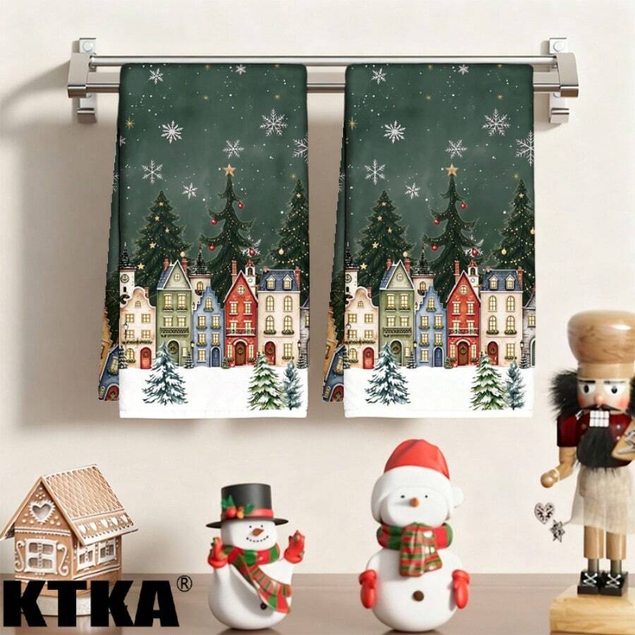 2Pcs Christmas Kitchen Towels, Snowy Christmas Town Houses & Pine Tree Print, Xmas Kitchen Decor, Winter Holiday Table Ornament, Farmhouse Christmas Home Decoration Gift