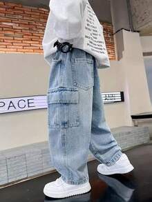 Straight Leg Fashion Casual Denim Jeans For Tween Boys, Streetwear Style - Medium Wash - View 3