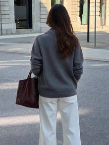 Women's Oversized Lapel Double-Breasted Knit Sweater, Dropped Shoulder Long Sleeve Loose Pullover - Grey - View 9