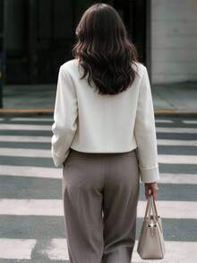 Women's Versatile Ivory Woven Short Jacket, Button Detail Design, Long Regular Sleeves, Round Neck, Suitable For Autumn Wear - Apricot - View 5