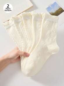 2 Pairs Women's White Mid-Calf Socks, Twisted Bubble Opening, Autumn/Winter Style - Multicolor - View 7