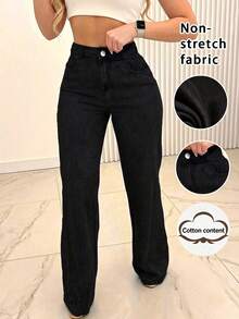 Women's Casual Solid Color Slant Pocket Straight Leg Jeans Spring Black Fall - Black - View 3