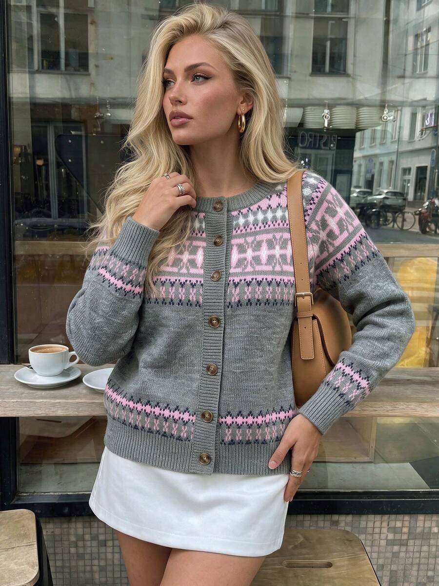 Women's Fall Winter Grey Fair Isle Knit Cardigan, Round Neck Single Breasted Long Sleeve, Retro Geometric Pattern Cropped Sweater Coat For Daily Wear - Grey - View 1