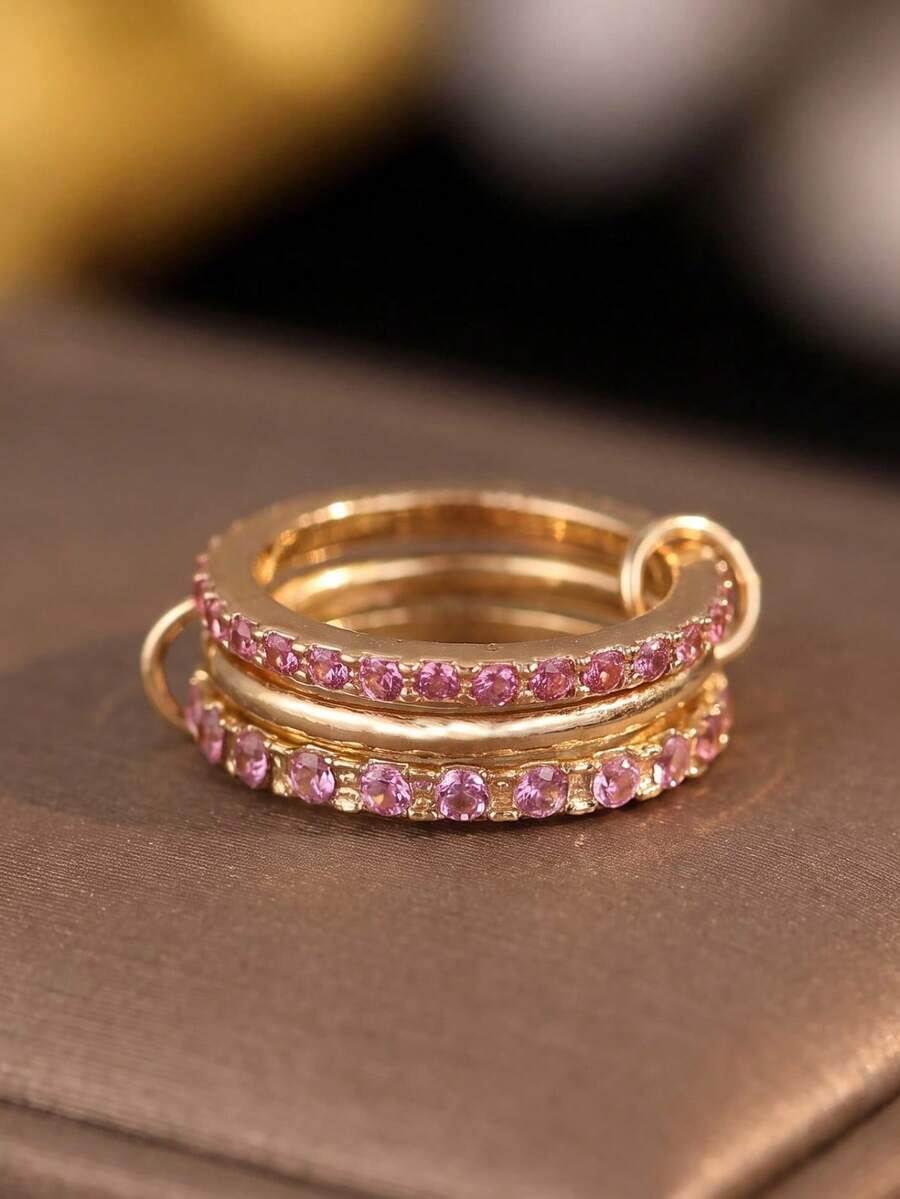 1pc Women's Gold Tone Interlocked 3 Band Ring, Pink Cubic Zirconia Pave Stackable Ring, Statement Finger Jewelry For Daily & Party Wear - Multicolor - View 1