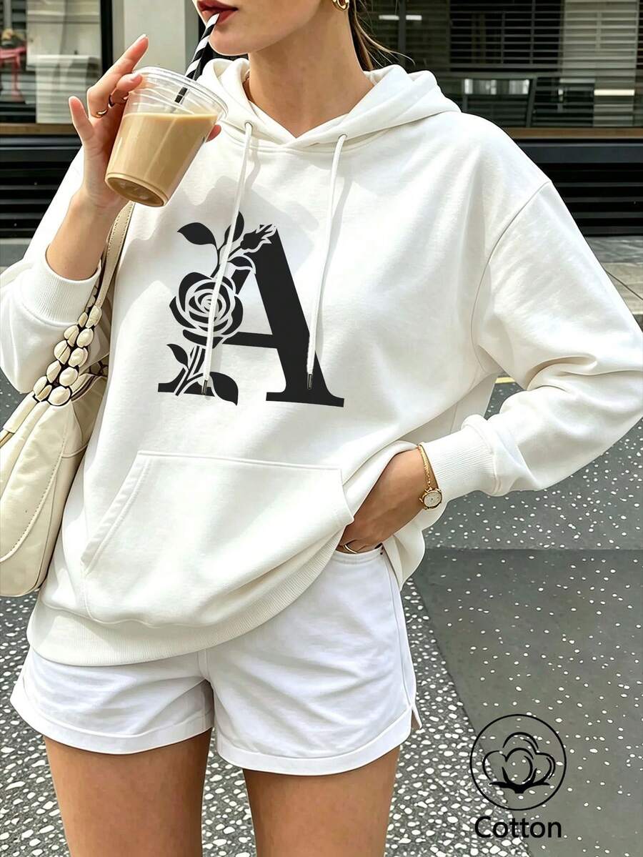 Sweet-Cool Style Printed Hoodie For Women: Relaxed, Dropped-Shoulder, Loose-Fit, Versatile, Drawstring, Pockets, Casual Pullover Top - White - View 1
