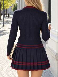 Teen Girls Y2K Preppy Streetwear Cable Knit Cardigan + Pleated Mini Skirt Set, Button Sweater Set, Comfortable Autumn/Winter Campus Style Daily Outfit - Navy Blue - View 9