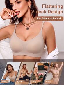 Ropa interior de mujer, brasier sin varilla de tirantes regulables, escote en V, tejido liso sin costuras, soporte cómodo, almohadillas ergonómicas para uso diario - Multicolor - Ver 3