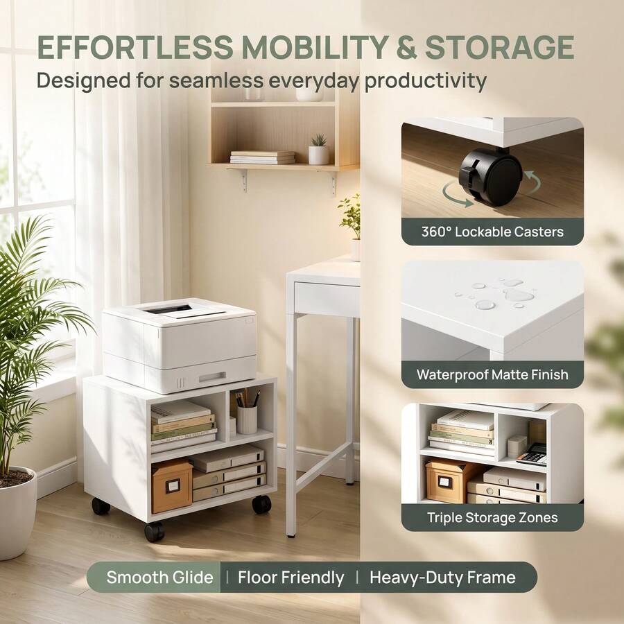 Mobile White Printer Stand, Simple Under‑Desk Printer Cart, Space‑Saving Printer Shelf, Slide Under Desk To Free Up Desktop Space For Home Office - White - View 1