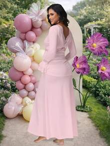 JustVH Maternity Lace Patchwork Ruched Tie-Waist Fitted Maxi Dress, Party Gown For Baby Shower/Photo Shoot - Pink - View 2