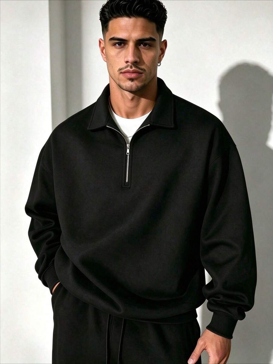 ZYNTH BALENO Men's Loose Drop Shoulder Zip-Up Collar Sweatshirt, Suitable For Sports, Classic Solid Color Long Sleeve, Autumn/Winter - Black - View 1