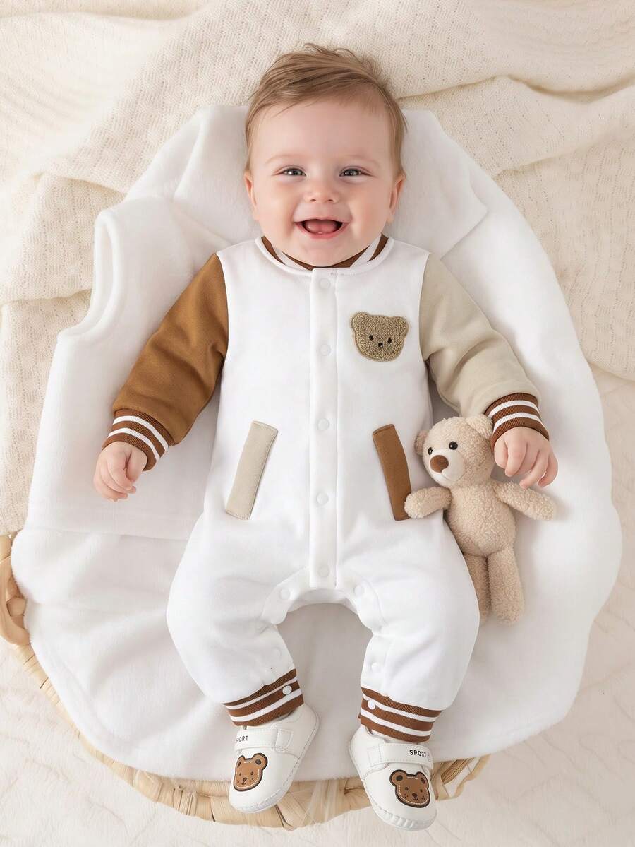 Baby Boy Knitted Fuzzy Ribbed Long Sleeve Jumpsuit Patchwork Baseball Style Bear Casual Cute Warm Jumpsuit, Autumn/Winter