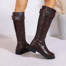 Women's Round Toe Metal Buckle High Shaft Boots With Side Zipper, Chunky Heel, Knee-High, Minimalist Versatile Commuter Boots For Autumn/Winter - Brown - View 2