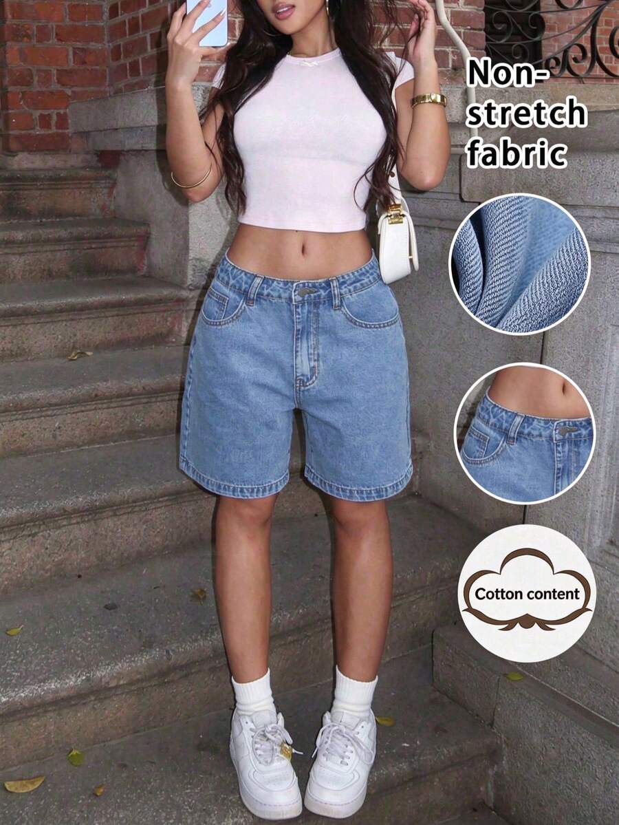 Women's Solid Color Bermuda Denim Shorts, Minimalist Fashion, Summer Daily Wear Hot-Selling Best-Seller Shorts