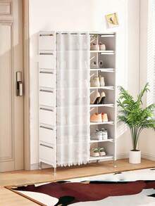 1个多层防尘简约鞋架（带防尘罩），现代简约白/黑配色，无需安装，钢管储物架，家用玄关鞋柜，鞋包一体化收纳，宿舍、学生宿舍的理想收纳方案 - 彩色 - 查看 11